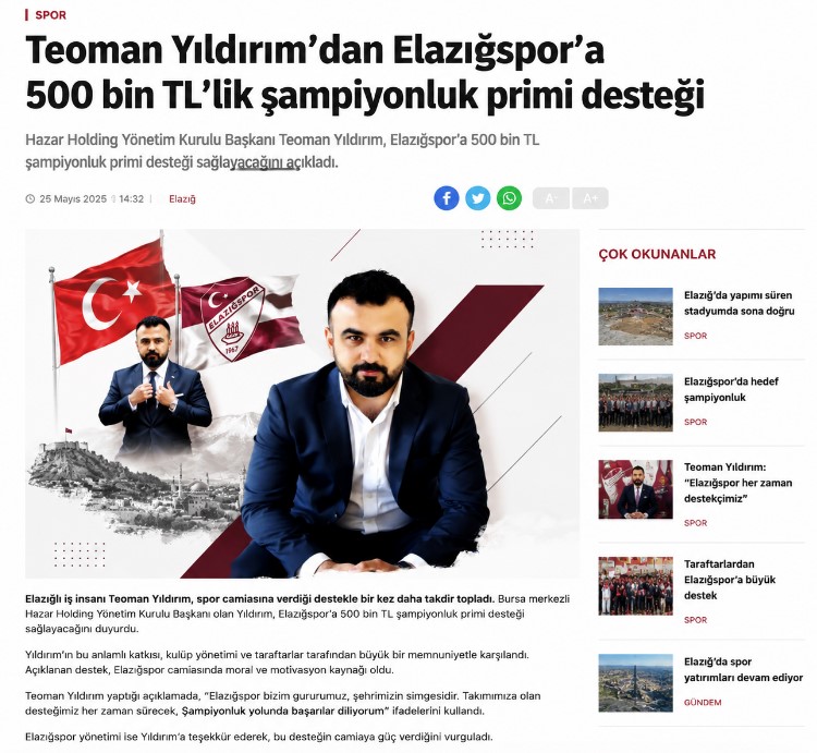 Teoman Yıldırımdan Elazığ spora şampiyonluk primi